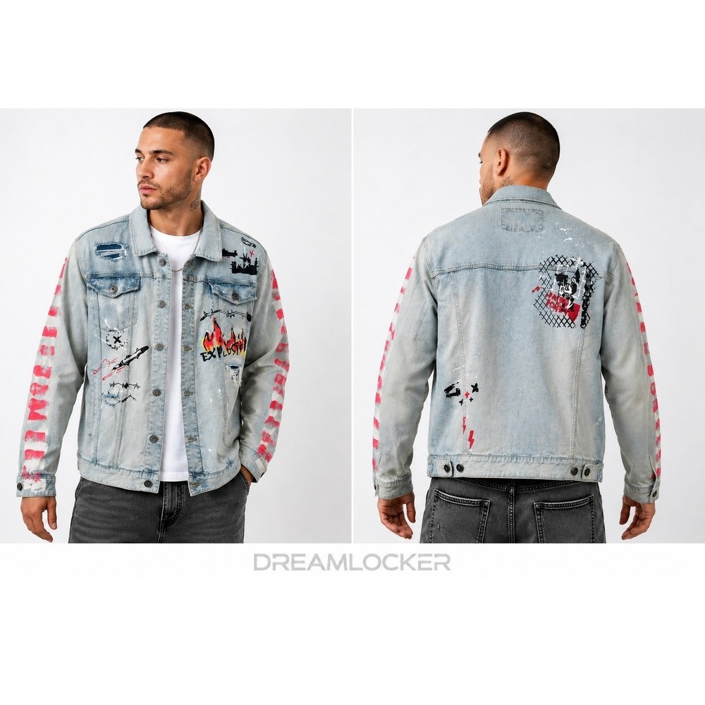 Kloud9 Mens Graphic Graffiti Denim Trucker Jacket XL Painted Sleeves Streetwear